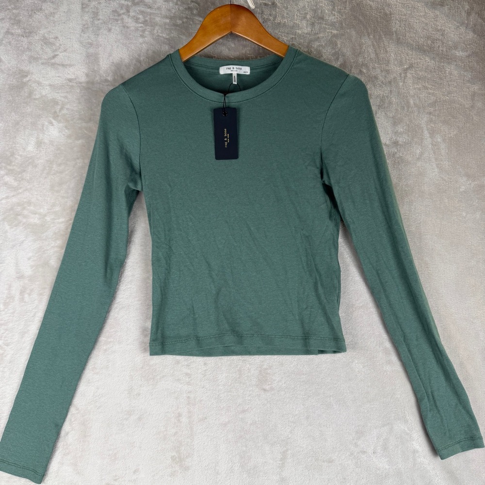 Rag & Bone Womens Ribbed Long Sleeve Crew Neck Tee Sage Green XS NEW RE2425FT30W